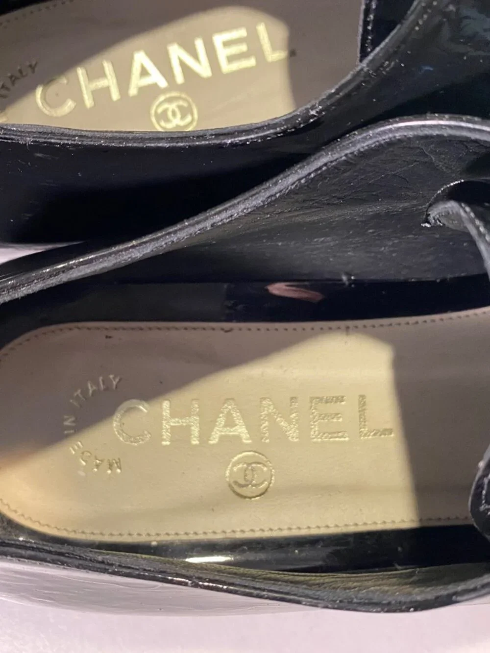 CHANEL Black Patent Leather Square Toe Oxfords Loafers 37 Italy